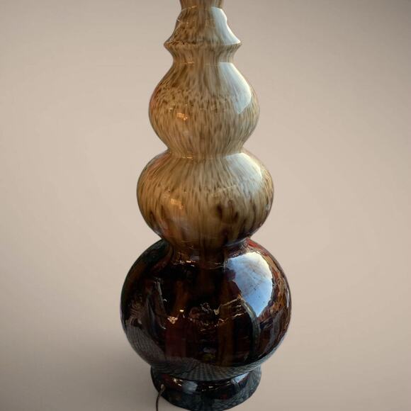 Mid Century Modern Drip Glaze Triple Gourd Table Lamp- Brown & Tan w drum shade - Picture 6 of 8